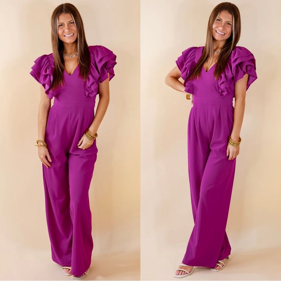 Entro Magenta Ruffle Sleeve Jumpsuit - Picture 1 of 12